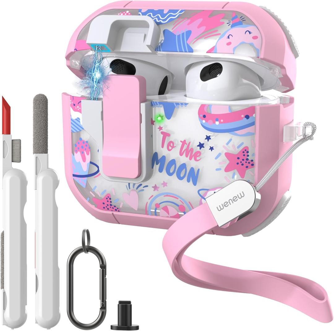 WENEW Case for AirPods 3 Case Cover Secure Lock Automatic Snap Switch Clip Cleaner Kit Lanyard Women Stylish Flower Armor Hard Shell Full Body Front LED Visible (Pink Space, AirPods 3rd) WENEW Case for AirPods 3 Case Cover Secure Lock Automatic Snap Switch Clip Cleaner Kit Lanyard Women Stylish Flower Armor Hard Shell Full Body Front LED Visible (Pink Space, AirPods 3rd)