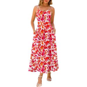 Maggeer Summer Spring Maxi Sundresses for Women 2026 Casual Boho Sleeveless Open Back Flowy Floral Outfits Fashion Hawaiian Beach Wedding Guest Flowy Long Dress Orange Red M