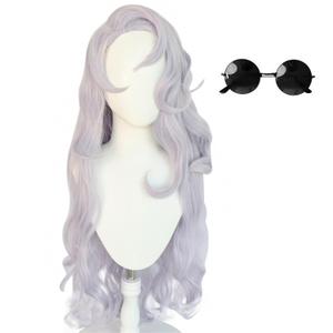 Long Wavy Gojo Satoru Cosplay Wig Costume Halloween Wigs for Women with Black Glasses (Gray Long)