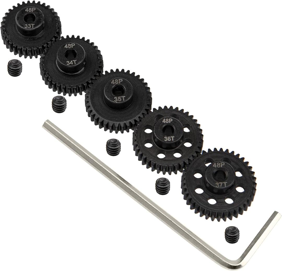 5Pack ShareGoo Steel 48P 3.175mm Pinion Gear Sets 33T 34T 35T 36T 37T fit 3.175mm (1/8-Inch) Shaft Compatible with Arrma HPI Kyosho Losi Axial Traxxas Tamiya Associated 1/10 RC Car Monster Truck Buggy