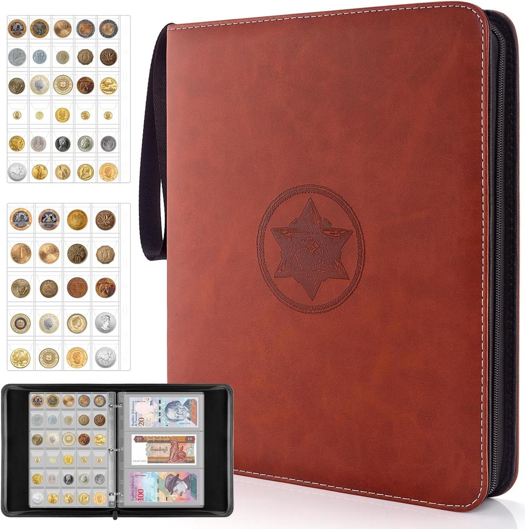 Coin Collection Book Holder for Collectors - 400 Coins Pockets+15 Bills Pockets, Coin Collection Organizer Storage Box Case Album for 20/25/ 27/30/ 38mm Coin (Brown)