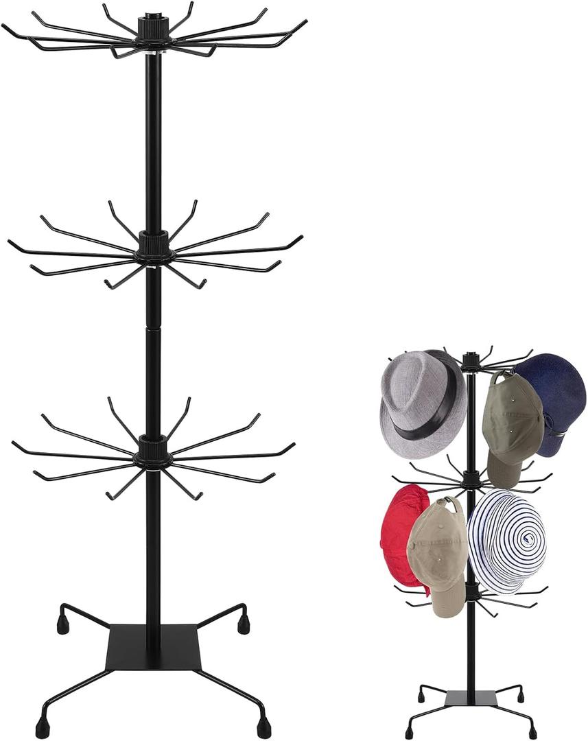 Standing Hat Rack 3-Tier Hat Display Rack Stand Metal Retail Display Stand Cap Organizer Standing Hat Hooks Rotating Display Rack Stand Rotating Jewelry Stands