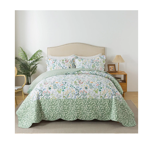 HoneiLife Bedspread Set - California King Quilt, 3-Piece Microfiber Bedspread Set, Green & White Floral Pattern, Extra Large 120x120 Bedding for All Seasons