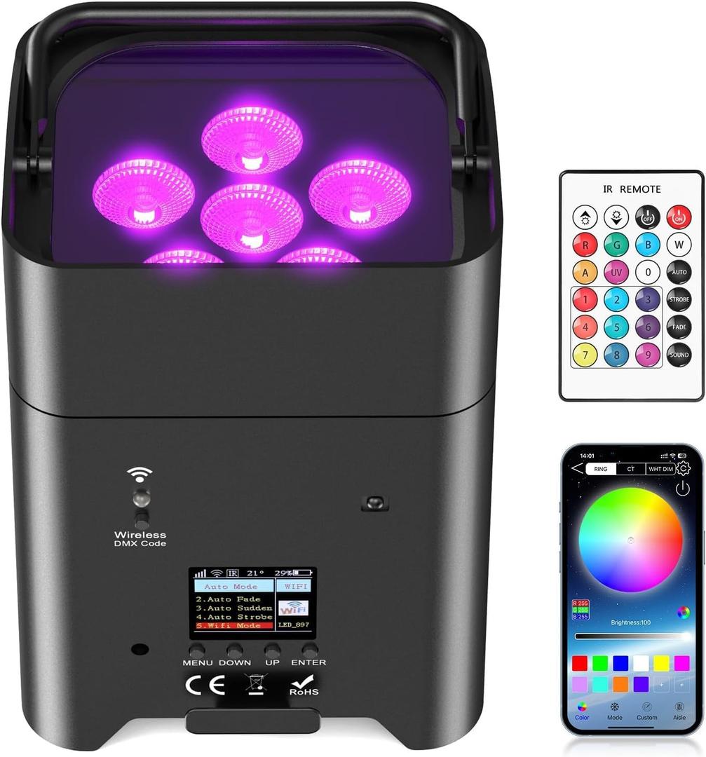 Rechargeable Battery Powered Stage Lights, Wireless Uplights for Events, 6-in-1 RGBWA+UV, 108W 9600mAh 6LED Par Lights DMX/APP/Remote Uplighting for Church Wedding DJ Live Show Party Christmas
