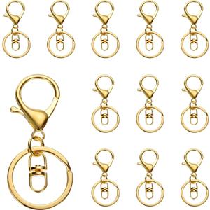 uxcell Lobster Claw Clasps Keychain, 12 Pcs Lobster Claw Clasp Hook with Swivel Trigger Clip and Flat Split Keychain Ring for DIY Craft Key Chain Accessories, Gold