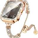 LETOID Bling Band & Case Compatible with Apple Watch 40mm 41mm 42mm 44mm 45mm 46mm Series 11 10 9 8 7 6 5 4 SE for Women, Fancy Metal iWatch Bands Rhinestone Bracelet Dressy Strap with Face Cover (Rose Gold)