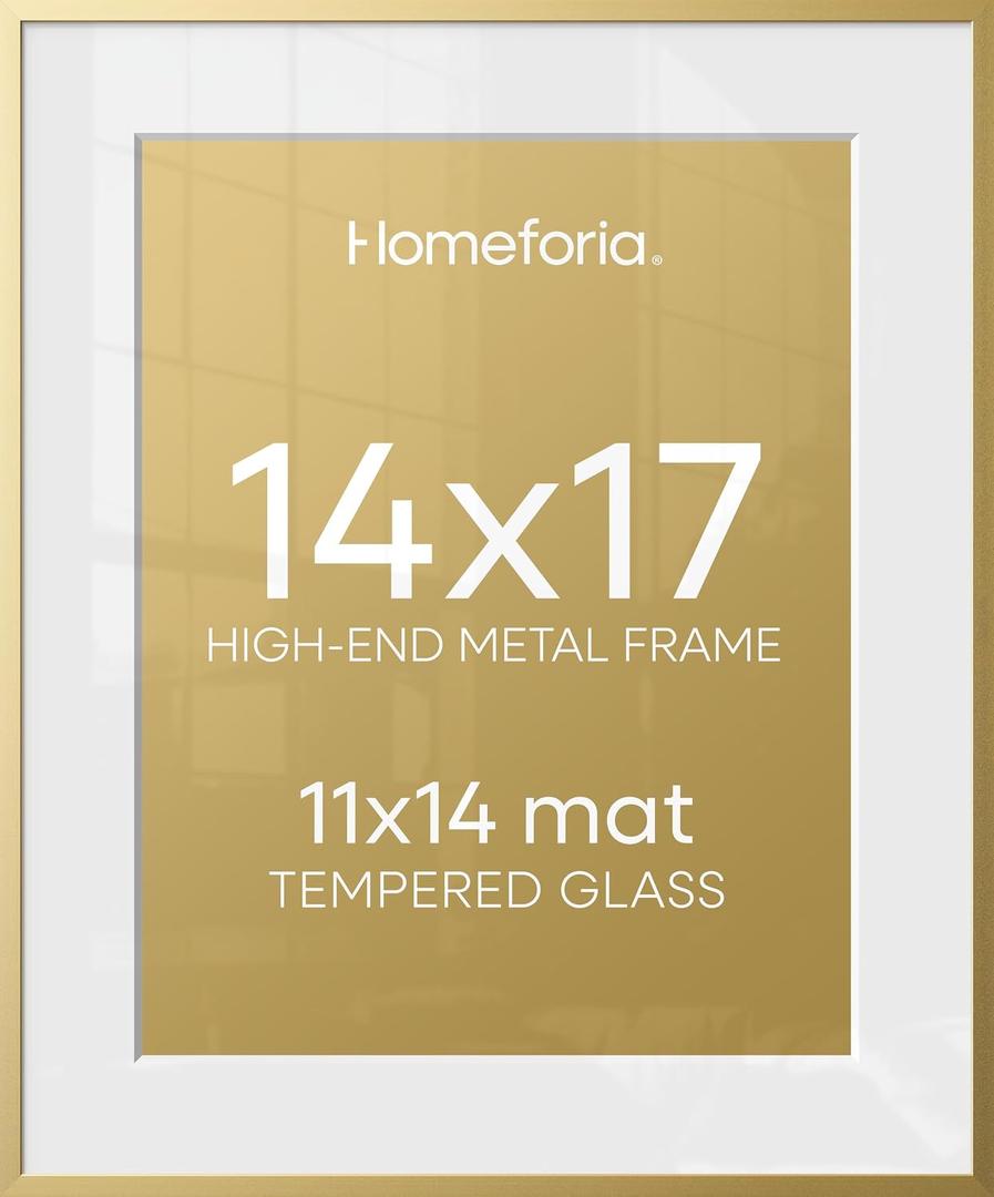 Homeforia 14x17 Gold Picture Frame, High-End Metal, 11x14 Mat, Glass