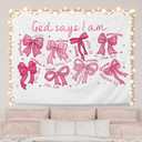 AQYIP Coquette Pink Bow Christian Tapestry Wall Hanging, God Says I Am Inspirational Bible Verse Tapestry Decorative, Pink Girly Christian Wall Decor for Room, 50x60 Inch