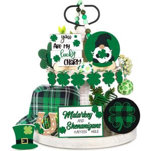 St. Patrick's Day Tiered Tray Decor Set Include Rustic Shamrock Gnome Truck Wood Sign Cutout Letter Sign for St. Patrick's Day Table Home Kitchen Bar Decoration (Green Style, 12 Pcs)