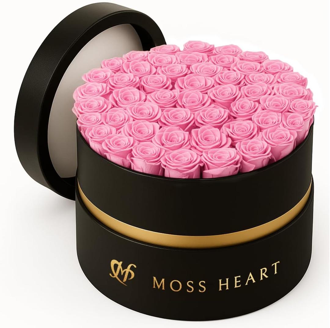 50 Petite Preserved Roses, Designer Round Box, Real Forever Roses Last 1+ Year, Premium Gift for Women, Wife, Girlfriend, Mothers Day, Birthday, Anniversary, Valentines Day (Pink)
