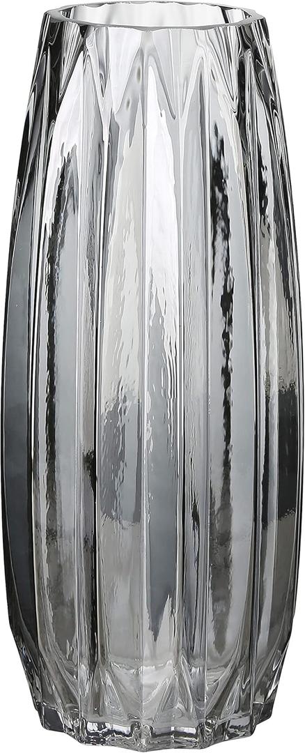 Black Grey Glass Vase with Modern Ribbed for Flowers, Candles, and Decorative Accents - Tall/Short Glass Vase for Centerpieces Home Table Decor(Grey H7.87inch) (H-11.8inch)