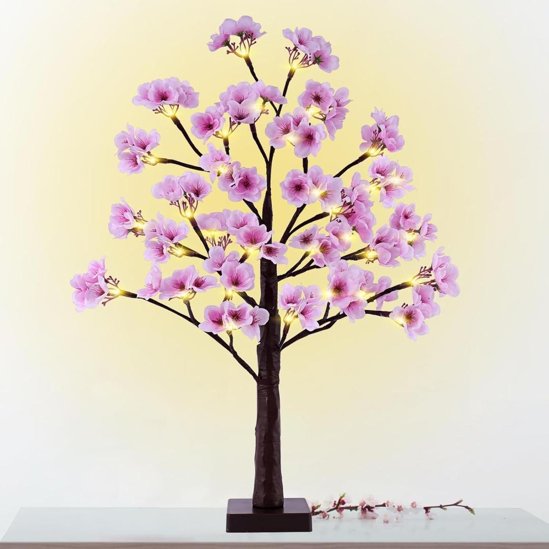 24 Inch Lighted Cherry Blossom Tree Battery Operated 2FT 28 Warm White LED Artifical Bonsai Tree with 84 Lush Flowers, Timer USB Plug for Wedding Party Spring Christmas Home Decoration