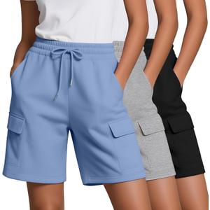 Neer 3 Pack Women's Bermuda Shorts Cargo Elastic Drawstring Knee Length Shorts Casual Loose Yoga SweatShorts with 4 Pockets, Black, Light Heather Gray, Light Blue, Medium