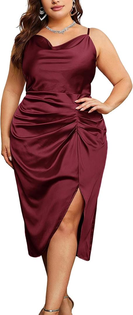 KIMCURVY Women's Plus Size Satin Dress Ruched Spaghetti Strap Cowl Neck Midi Party Cami Dress for Cocktail Party 18W