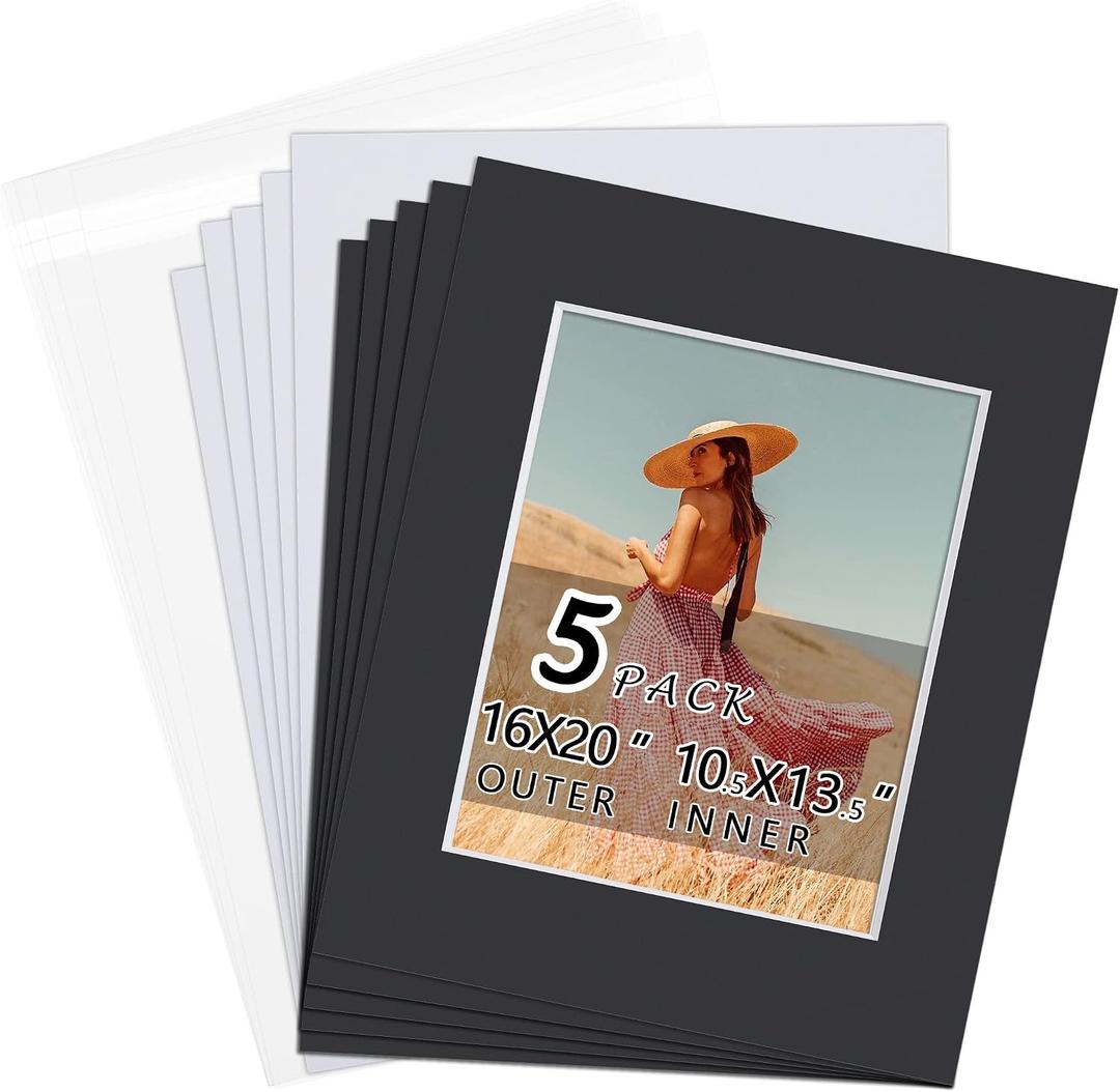 Falling in Art 5 Pack Acid Free 16x20'' Black Picture Mats Board Show Kit for 11x14'' Pictures, 4-Ply Beveled Pre-Cut Photo Boards with Backing Board and Plastic Clear Bags
