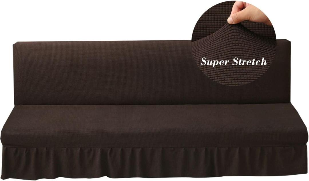 Stretch Armless Futon Cover with Skirt Knitted Jacquard Futon Sofa Bed Cover Machine Washable Futon Couch Cover Futon Sofa Cover Furniture Bed Protector with Elastic Bottom for Kids,Pets(Coffee)