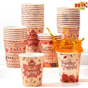 JOYIN 36 PCS Thanksgiving Disposable Cups,9 oz Pumpkin Maple Leaves Paper Cups, for Juice, Coffee, and Hot/Cold Drinks, 4 Charming Designs for Thanksgiving Party Fall Leaves Harvest Decoration