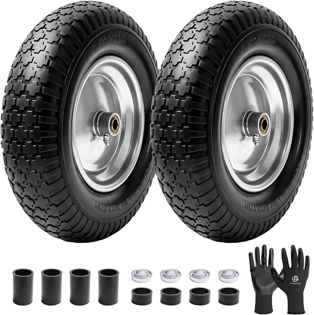 (2-PACK) LTNICER 16" Flat-Free Solid Tire and Wheel, 4.80/4.00-8" Wheelbarrow Tires for Garden Wagon Cart Trolley Dolly- 3" Centered Hub, 5/8" Axle Bore Hole, 2 pcs