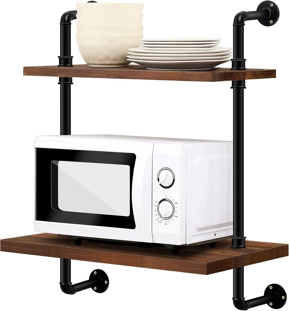 Nuanchu Microwave Oven Rack 2 Tier Wall Mount Microwave Shelf 26x18 Inches Retro Floating Shelf Stand, Black Storage Organizer Holder for Kitchen Oven Toaster Utensils, 25.59*17.71