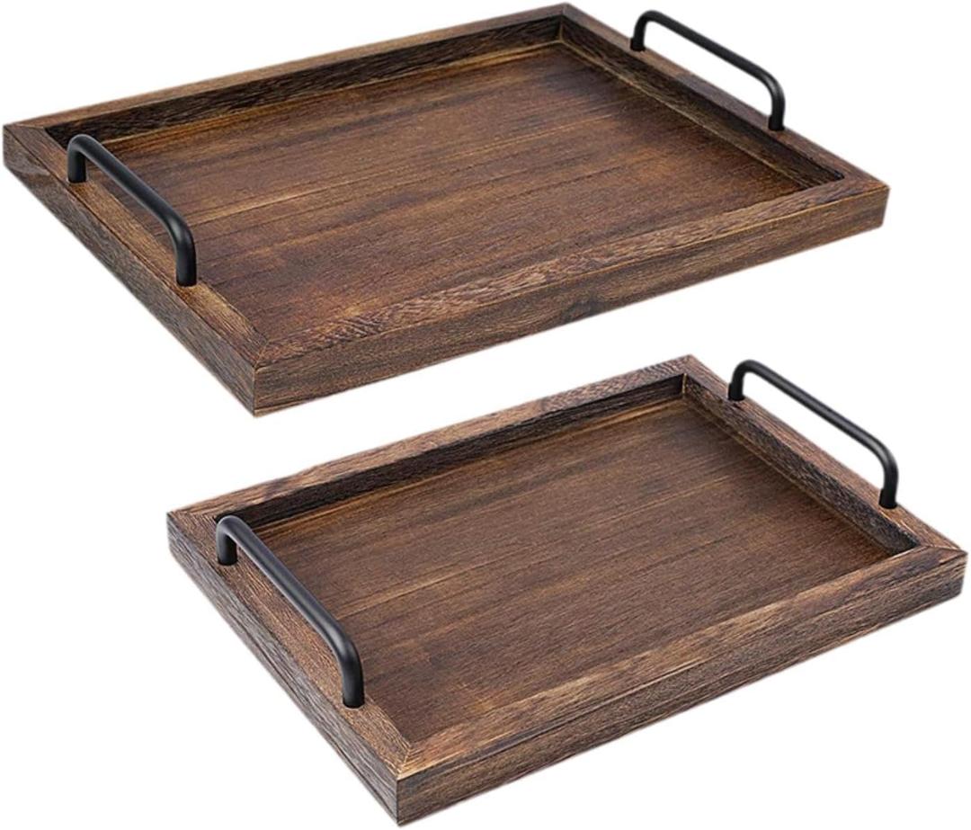 2 Rustic Serving Trays, Elegant Food Serving Boards, Multipurpose Vintage Trays, Wooden Board for Food, Tea, Coffee, Breakfast, black brown