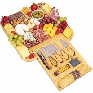 Charcuterie Board Set  Bamboo Cheese Board with Slide-Out Drawer & Knife Set  Wedding & Housewarming Gift  Large Serving Platter for Entertaining & Parties (Plain  No Engraving)