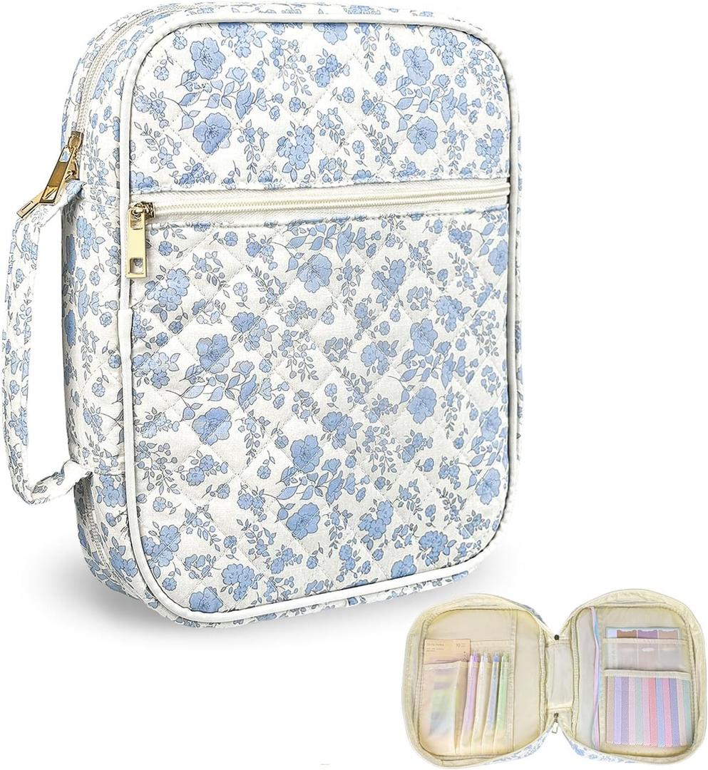 Bible Cover Case for Women,Large Bible Cover for Women, Premium Quilted Fabric Bible Book Covers with Handles,Bibles Study Supplies Accessories Holder Blue Flower