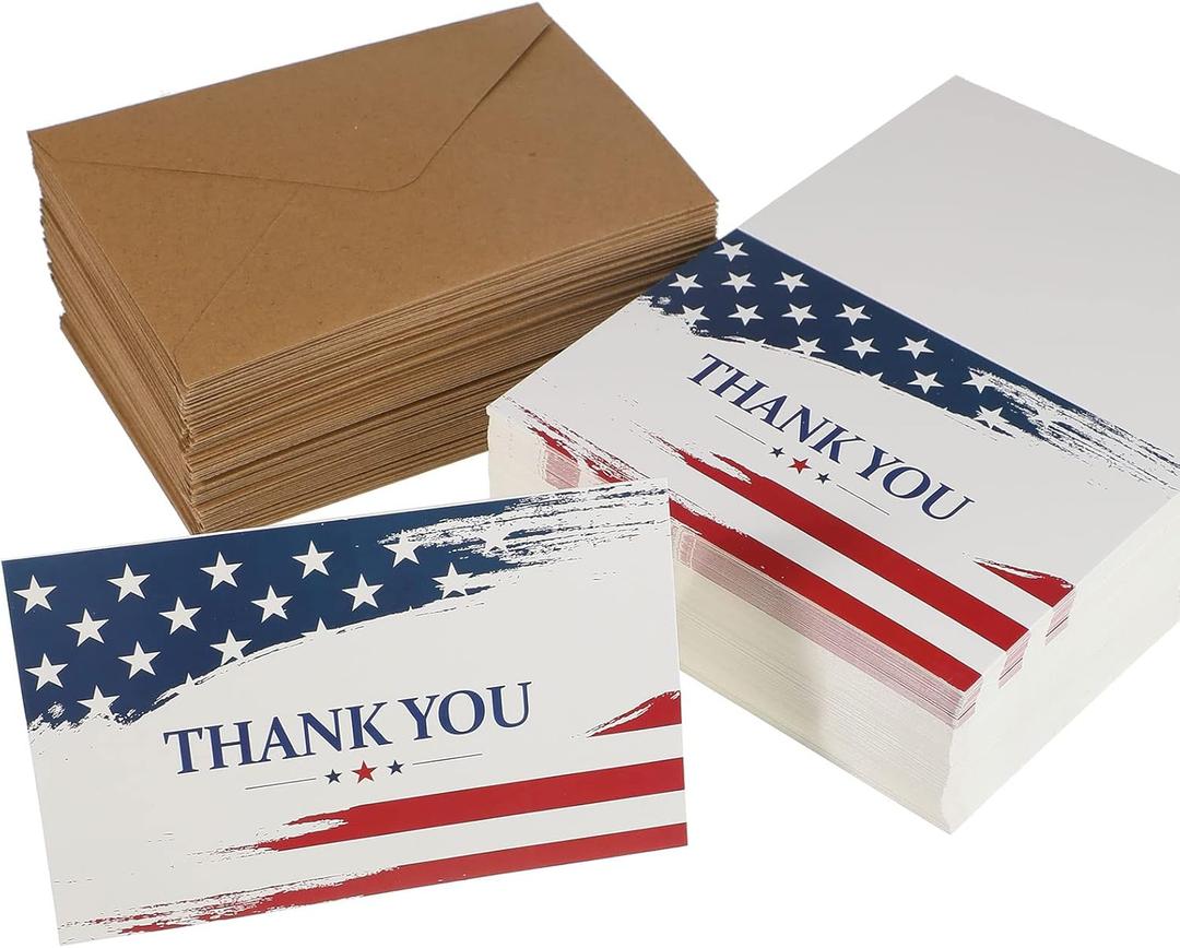 200 Set Blank Patriotic Thank You Cards with Envelopes Military Appreciation Note Greeting Cards Bulk American Flag Thank You Postcards Cards for Veteran's Day 4th of July Military Party Gifts 4 x 6''