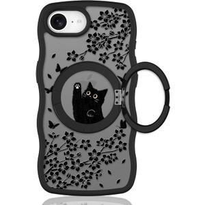 Wavy Case for iPhone 16e Case with Stand [Compatible with MagSafe] Cute Black Cat & Floral & Butterflies Pattern Design, Kawaii 360 Magnetic Ring Kickstand Phone Cover for Women Girls