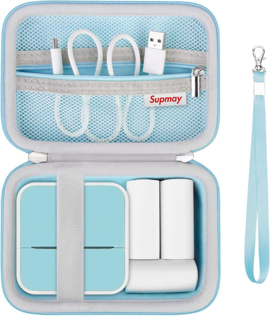 2 x Hard Carrying Case for Anycash S1 Sticker Printer - Printpods Mini Printer with Stickers, Bluetooth Inkless Printer Protection Case with Mesh Pocket fit 3 Rolls of Stickers, USB Cable, Blue