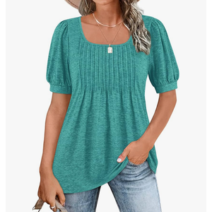 Zwurew Women's Summer Casual Puff Short Sleeve T-Shirts Square Neck Pleated Flowy Trendy Tunic Tops for Leggings Size L