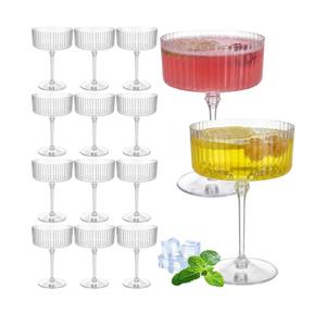 12 Pcs Ribbed Martini Glasses 10 oz Disposable Plastic Vintage Ribbed Coupe Glasses Unbreakable Dessert Parfait Glassware for Wedding Birthday Party Supplies (Clear)