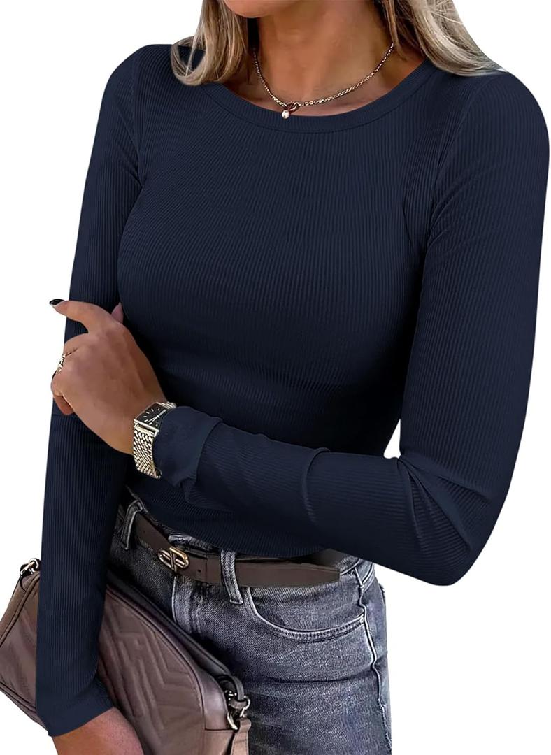 PRETTYGARDEN Women 2026 Fall Clothes Long Sleeve Shirts Ribbed Knit Fitted Basic Tee Going Out Tops Underscrub Casual Outfits (Blue, M)