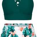 Hanna Nikole Plus Size Bathing Suit for Women Adjustable Spaghetti Straps Push Up Bikini Set Olive Green Floral, 18 Plus