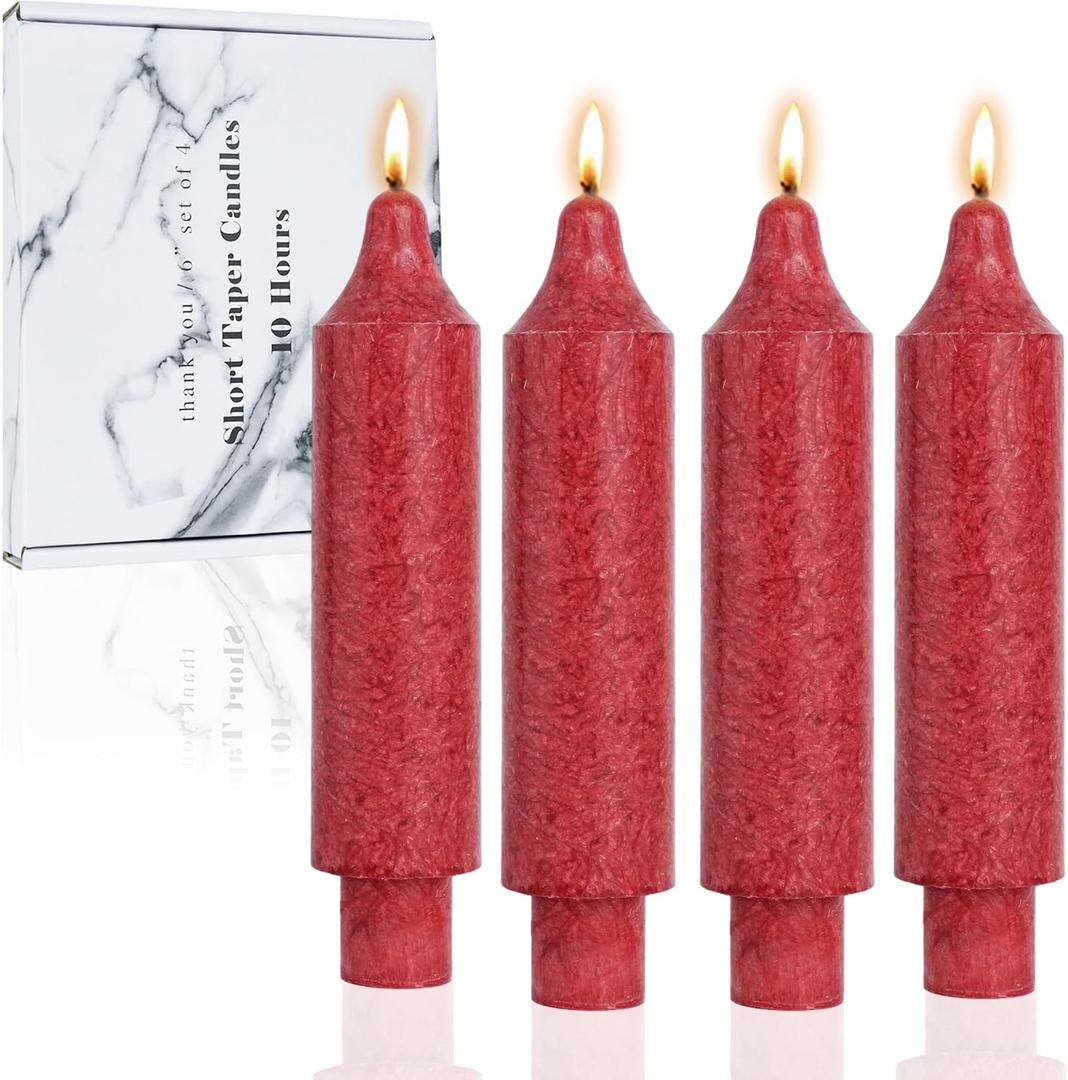 Red Short Taper Candle Crystal Candlesticks Dripless Tapered Candles for for Holiday Wedding Party Wax Unscented Dinner 6 inch Set of 4