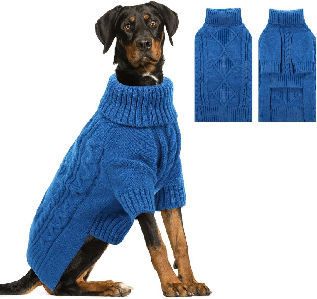 ASENKU Knitted Dog Sweater, Pullover Big Thermal Dog Winter Sweater, Turtleneck Doggy Sweater for Large Medium Dogs Boy Girl,Warm Pet Sweater Outfit Border Collie,Pit Bull,Golden Retriever, 2XL (Blue)
