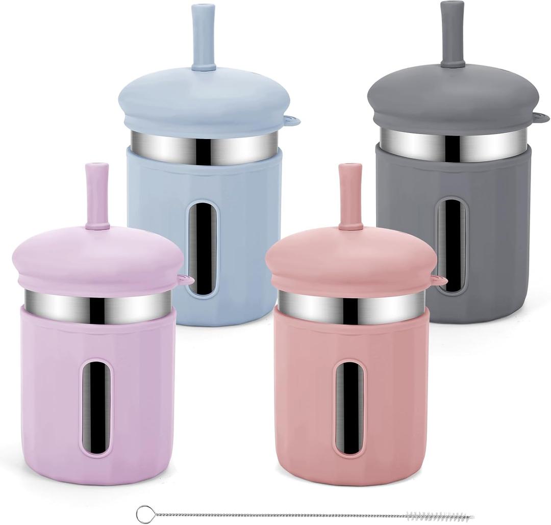 EsOfficce Stainless Steel Kids Cups, 12.51 oz Toddler Tumbler with Straws and Lids, Spill-Proof Baby Smoothie Cups with Silicone Sleeve, Versatile 2-in-1 Drinking Snack Cups for Kids, 4 Colors A (Coral+Blue+Pink+Purple)