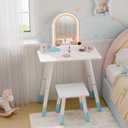 TOLEAD Blue Kids Vanity Table and Chair Set, Adjustable Height Kids Vanity with LED Lights, Princess Girls Vanity Set with Stool, Toddler Make Up Vanity Desk with Storage Space for Little Girls
