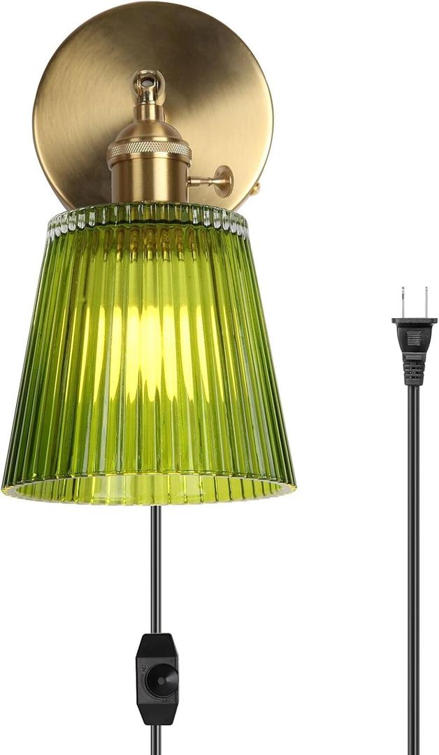 HuisMier Dimmable Plug in Wall Sconces, Vintage Green Stripe Glass Lampshade Wall Lighting Fixture with On/Off Switch, Brass Wall Sconce for Bedroom Bathroom Living Room Hallway, Plug in