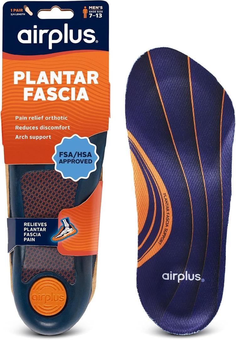 Airplus Plantar Fascia Orthotic 3/4 Length Shoe Insole (FSA&HSA Eligible)-Foam Shell & Gel Heel - Deep Heel Cup, Full-Foot Arch Support-Soft Cushioning & Stability -Fits Most Shoes & Boots-Unisex (Men's 7-12)