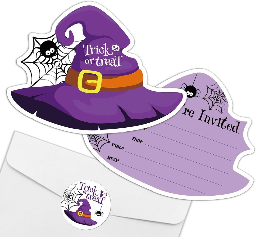REWIDPARTY 15 Sets Halloween Invitations with Envelopes Stickers, Witch Hat Shaped Fill-in Invitation Cards, Trick or Treat Party Invites, Funny Halloween Birthday Party Supplies for Family Friend