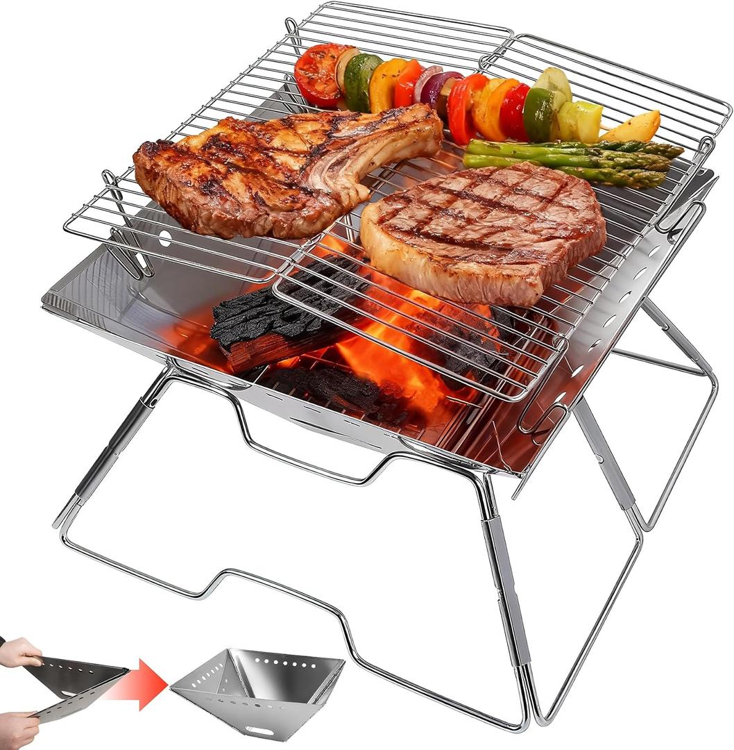 Portable Fire Pit with Grill for Camping, Heavy Duty Collapsible Foldable Fire Pit with Campfire Grill & Carry Bag for Outdoor, Backyard, Patio, Picnic, BBQ