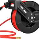 Retractable Air Hose Reel, 3/8 IN x 50 FT Hybrid Air Hose Max 300 PSI, Air compressor hose reel with 5 ft Lead in, Ceiling/Wall Mounted air hose reel,Heavy Duty air tool (Medium-50FT(red))