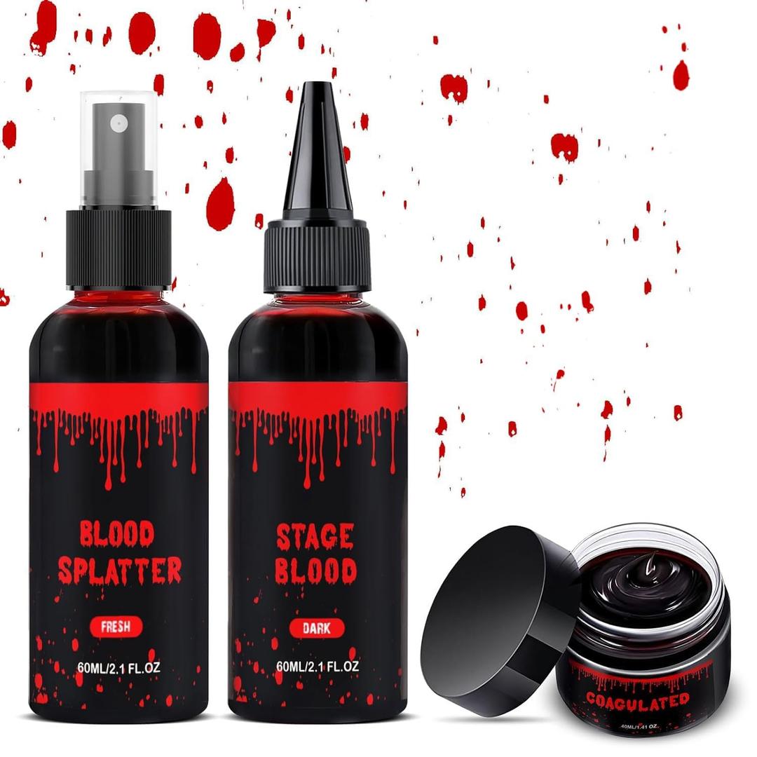 Halloween Fake Blood Makeup Kit, Blood Spray 2.1oz + Dripping 2.1oz + Coagulated 1.41oz(3PCS), Washable Realistic SFX Makeup for Cosplay, Clothes, Vampire, Zombie, Scary Clown