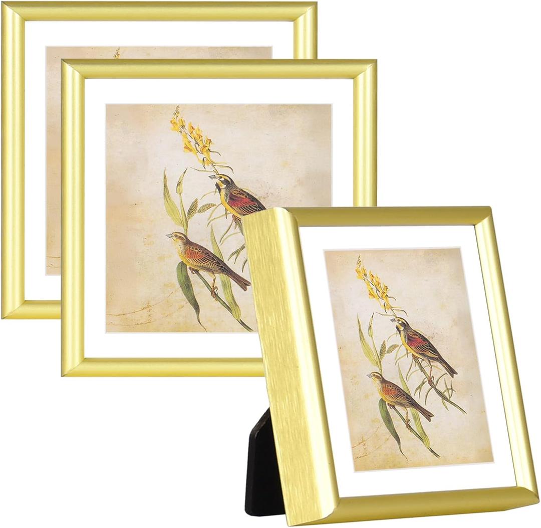3 x 5x5 Picture Frame Set of 3, Gold Aluminum Metal Square Photo Frame with HD Glass, Fits 4x4 with Mat or 5 x 5 without Mat, Display For Tabletop or Wall Collage