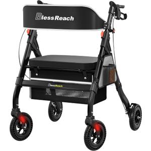 BlessReach Foldable Rollator Walkers with Seat for Seniors, 450 lb Capacity, 8'' Wheels, 18" Big Seat, 6-Position Height, Heavy-Duty Aluminum Rolling Walker (Black)