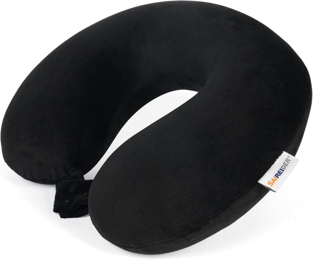 SAIREIDER Travel Pillow 100% Pure Memory Foam Travel Neck Pillow, Airplane Pillow for TravelingCarHomeOfficeWashable CoverBlack