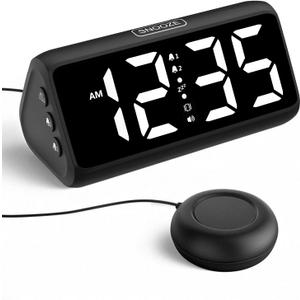 Netzu Loud Alarm Clock for Heavy Sleepers, Plug-in Alarm Clocks with Bed Shaker, 5 Dimmers, 2 Alarms, 4 Volumes and Snooze for Bedrooms Hearing Impaired Deaf Adult (Black and White)