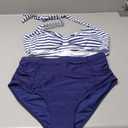 Holipick Women High Waisted Bikini Set Two Piece Swimsuit Tummy Control Bathing Suit Vintage Halter Swimwear (Medium, Blue Stripe)