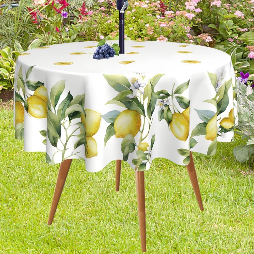 MATIRUG Lemon Outdoor Tablecloths with Umbrella Hole,Zipper 60 Inch Round, Spillproof Washable Watercolor Summer Green Floral Fabric Table Cloth,Table Cover for Picnic Dinner Patio