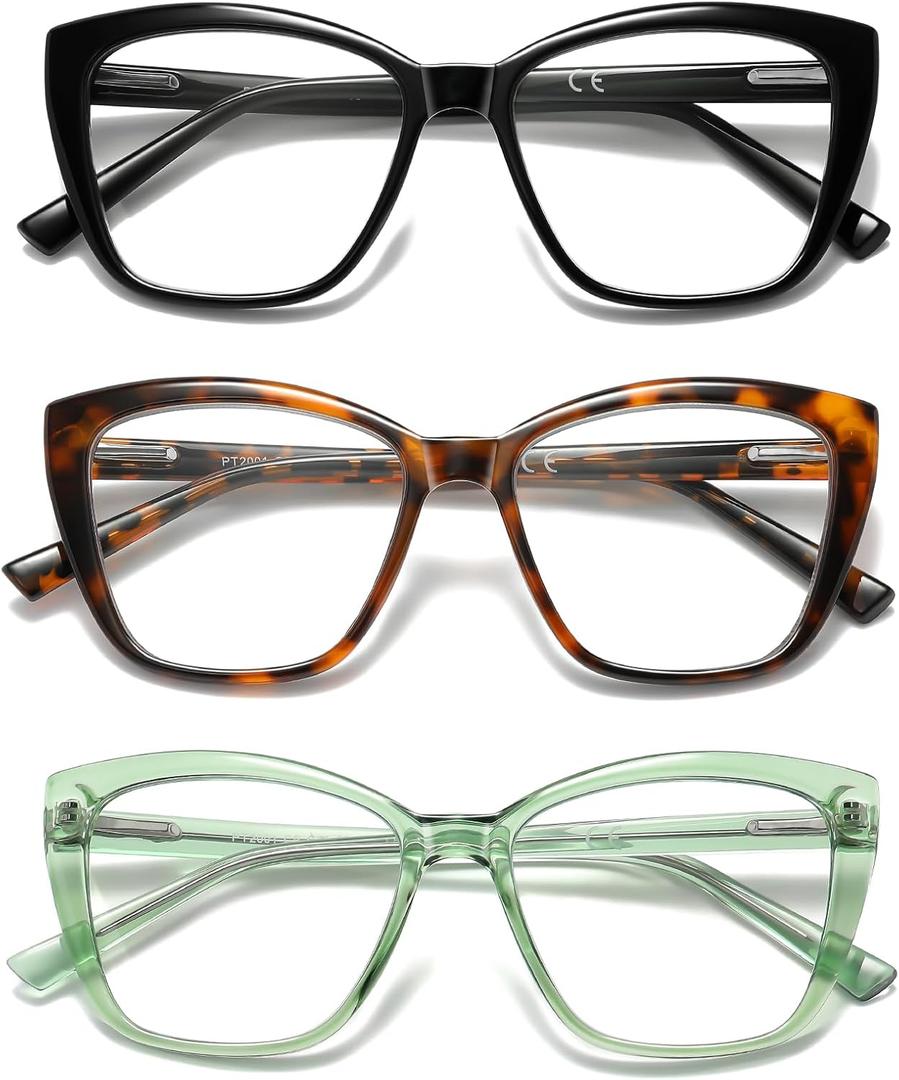 Oversized Reading Glasses Women Cat Eye Blue Light Computer Reader Stylish Unbreakable Fashion Large Eyewear PT2001A (Readers Black, Tortoise and Green)